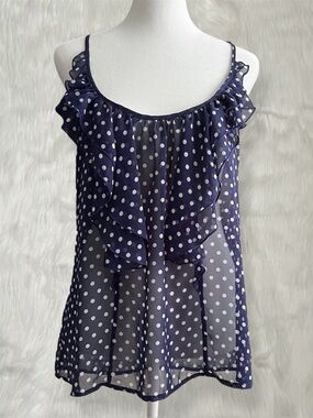 Lily White Navy Blue & White Polka Dot Racerback Tank Top with Ruffle Details